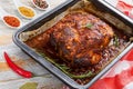 Big Piece of Slow Cooked Oven-Barbecued meat shoulder Royalty Free Stock Photo