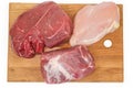 Different uncooked boneless meat on a cutting board, top view