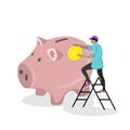 Big piggy bank with golden coin. Financial services, small man, save or save money,or open bank deposit