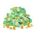 Big pile of cash money banknotes and gold coins, cents. Royalty Free Stock Photo
