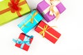 Big pile of colorful wrapped gift boxes isolated on white background. Mountain gifts. Beautiful present box with overwhelming bow. Royalty Free Stock Photo