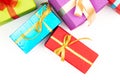 Big pile of colorful wrapped gift boxes isolated on white background. Mountain gifts. Beautiful present box with Royalty Free Stock Photo