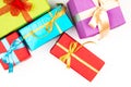 Big pile of colorful wrapped gift boxes isolated on white background. Mountain gifts. Beautiful present box with Royalty Free Stock Photo