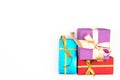 Big pile of colorful wrapped gift boxes isolated on white background. Mountain gifts. Beautiful present box with Royalty Free Stock Photo