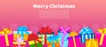 Big pile of colorful wrapped gift boxes for merry christmas card or banner vector illustration. Lots of presents on pink