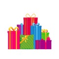 Big pile of colorful wrapped gift boxes. Mountain gifts. Beautiful present box with bow. Gift box icon. Gift symbol. Christmas
