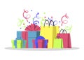 Big pile of colorful wrapped gift boxes. Mountain gifts and shopping bags. Gift box icon. Gift symbol. Christmas.