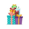 Big pile of colorful wrapped gift boxes with ribbons. Lots of presents. Flat style vector illustration isolated on white Royalty Free Stock Photo