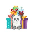 Big pile of colorful wrapped gift boxes with ribbons and panda doll. Lots of presents. Flat style vector illustration isolated on Royalty Free Stock Photo