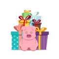 Big pile of colorful wrapped gift boxes with ribbons and pig doll. Lots of presents. Flat style vector illustration isolated on Royalty Free Stock Photo