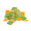 Big pile of dollar banknotes and gold coins. Royalty Free Stock Photo