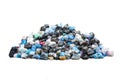 Big pile of garbage in black blue trash bags isolated on white background. Ecology concept. Pollution environment disaster