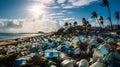 Big pile of garbage, ocean pollution in tropical beach.