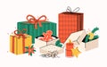 Big pile of gift boxes in festive wrapping paper with ribbon, bows, decorative elements. Stack of different presents for holiday. Royalty Free Stock Photo