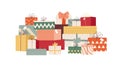 Big pile of gift boxes in festive wrapping paper with ribbon and bows. Stack of different presents for Christmas holiday Royalty Free Stock Photo