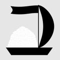 Big pile of ice cubes in sailing boat with long flag on mast, banner and sail. Vector illustration. Black silhouette. Royalty Free Stock Photo