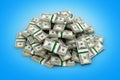 Big pile of money american dollar bills on blue background 3d illustration