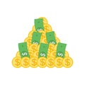 Big pile of money. Gold coins and paper dollars. Vector illustration on empty white background.. Royalty Free Stock Photo