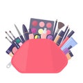 Big pink cosmetic bag with different decorative cosmetics. Everything for make up. Vector illustration Royalty Free Stock Photo