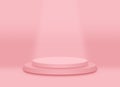 Big pink pastel round pedestal podium or stage and soft light background.The light shines down below.Love valentines day concept.