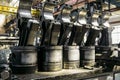 Big pistons and connecting rods diesel locomotive engine in a repair depot