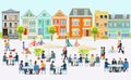 Big place with people sitting outside in front of restaurants and cafes illustration
