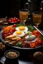 Big plate with eggs, vegetables, cheese omelette, meet, healthy breakfast. AI Generative Royalty Free Stock Photo
