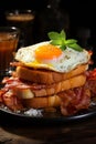 Big plate with french toast with bacon and eggs. AI Generative