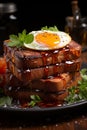 Big plate with french toast with bacon and eggs. AI Generative