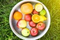 Big plate with fruit outdoors. Healthy vegan lifestyle. Eco-friendly in the nature. Lemons, oranges and apples Royalty Free Stock Photo