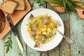 Big plate of homemade vegetable soup with meatballs served with Royalty Free Stock Photo