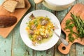 Big plate of tasty vegetable soup with meatballs served with rye Royalty Free Stock Photo