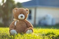 Big plush teddy bear sitting alone on green grass lawn in summer. Concept of childhood Royalty Free Stock Photo