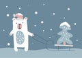 Big polar bear carries a sled with Christmas tree. Horizontal banner, Christmas Card, Seasons greetings. Vector