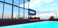 Big pool with cool blue water in front of the glass facade mansion reflecting the cloudy summer sky. 3d rendering Royalty Free Stock Photo