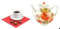 A big porcelain teapot, cup of tea and chocolates isolated on a white . Wide photo. Free space for text. Collage Royalty Free Stock Photo