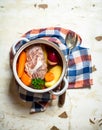 Big pot of soup with meat and fresh vegetables. Royalty Free Stock Photo
