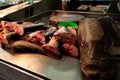 Big Potato Cod head and pieces of fresh fish. Royalty Free Stock Photo
