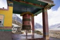 Big prayer wheels in Diskit Monastery or Deskit Gompa for tibetan people and foreign travelers visit and praying and rite rotate