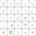 Big pregnancy icons set. Hand-drawn cartoon baby birth elements - baby, tools, female body, placenta, the egg and sperm Royalty Free Stock Photo