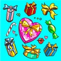 Big presents collection. Vector illustration of cartoon cute color gifts isolated on white background. Royalty Free Stock Photo