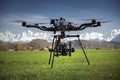 Big professional camera drone in mid-air on a film set