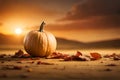 Big Pumpkin and autumn leaves scattered on the ground