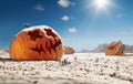 Big pumpkin in desert at sunny day, sales and halloween concept Royalty Free Stock Photo