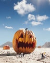 Big pumpkin in desert at sunny day, sales and halloween concept Royalty Free Stock Photo