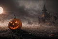 big pumpkin head glows in front of the castle at night, scary and mystical, Halloween concept, the moon shines through the Royalty Free Stock Photo