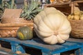 Big pumpkin and small squash on a blue wooden stand at the farmers market seasonal vegetables