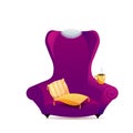Big purple velvet armchair with yellow striped pillows, cup of coffee. Cozy gradient chair with lace napkin on back