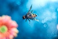 The big queen of bees. A wasp flies against the background of a gerbera flower, a sunflower, a blurry blue, white background.