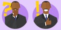 Big question and best solution concept signs. Flat cartoon style. Thinking, doubtful black man. Satisfied, sure businessman.